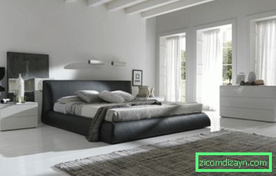 bílý-ložnice-s-černý-bed-bílý-nábytek-velká-okna-čistý a velký-lesklý pokoj